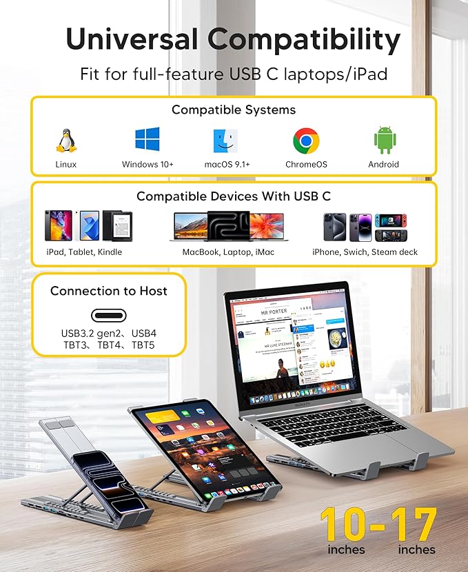 USB C Laptop Docking Station Stand Dual Monitor, Single 8K for Windows DP 1.4 or Dual 4K for Win and Mac, 9 in 1 USB C Hub with HDMI+DP, 2*USB 3.0, PD 100W, USB C 3.0, SD/TF, Universal Dock Station