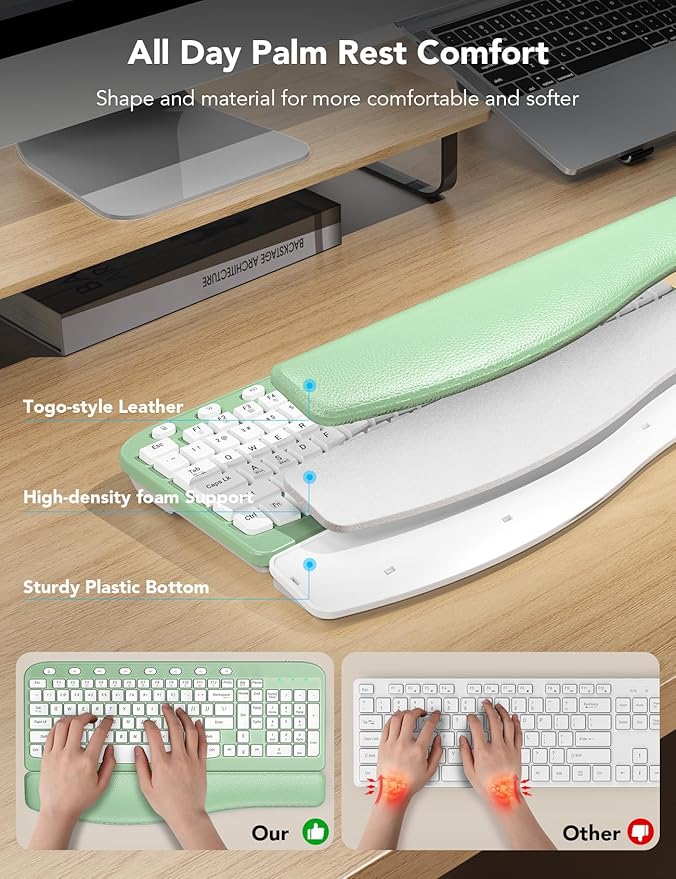 SABLUTE Wireless Keyboard and Mouse Combo, Ergonomic Wave Keys, Cushioned Plam Rest, Comfortable Silent Natural Typing, 2.4G Lag-Free, MA12 Full Size Keyboards Set for Multi-OS, Windows/Mac, Green