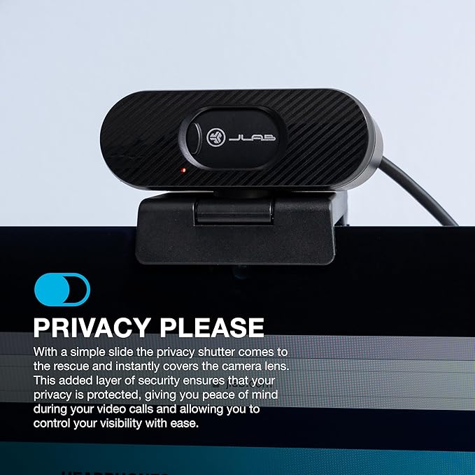 JLab Go Pop Cam USB HD Webcam, Black, 1080P/30 FPS, 2.1 Megapixels, Built-in Privacy Shutter, Minimalist Portable Set-up, Clip-on Design Compatible with PC, Mac and Chromebook