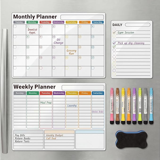 Magnetic Calendar for Refrigerator (3-Pack, Ships Flat) - 17"x12" Monthly, Weekly & Daily Planner with Lined Grids - Nano-Tech Dry Erase Board Fridge Whiteboard, 8 Markers & Eraser