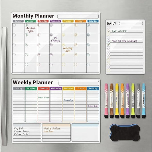 Magnetic Calendar for Refrigerator (3-Pack, Ships Flat) - 17"x12" Monthly, Weekly & Daily Planner with Lined Grids - Nano-Tech Dry Erase Board Fridge Whiteboard, 8 Markers & Eraser