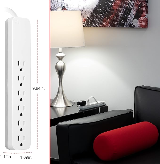 GE 6-Outlet Surge Protector, 15 Ft Extension Cord, Power Strip, 840 Joules, Flat Plug, UL Listed, White, 62936