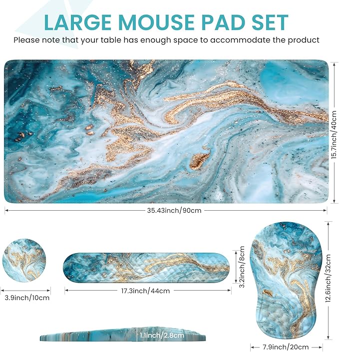 Desk Mat for Keyboard and Mouse, Large Mouse Pad with Wrist Rest and Keyboard Pad, 4PCS Carpal Tunnel Keyboard Wrist Support, Computer Mousepad for Laptop, Teal Blue Turquoise Marble