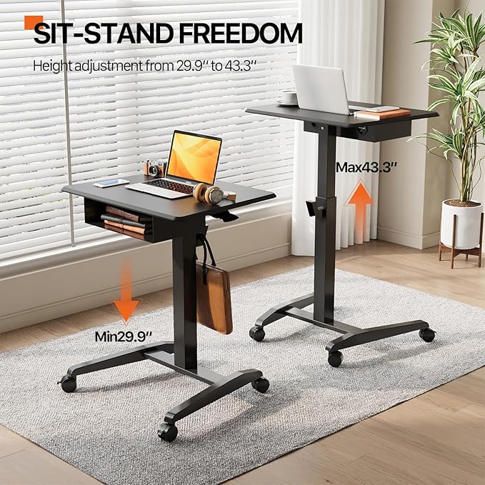 JOY worker Height Adjustable Rolling Laptop Desk with Shelf,Mobile Standing Desk,Pneumatic Mobile Laptop Table with Wheels for Couch Home Office School,Holds Up to 22lbs,Black