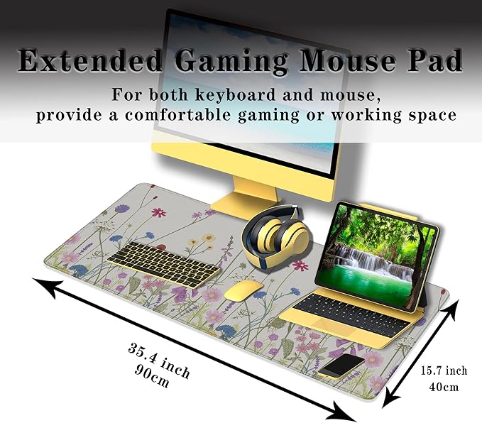 Desk Mouse Pad Flower Keyboard Mat, Mouse Pads Office Desk Pad, The Mousepad Non-Slip Rubber Base Waterproof with Stitched Edges, 35.4" X 15.7" for Work/Game/Office/Home Floral Nature Plant