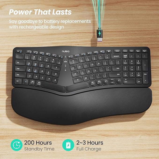 Nulea Wireless Ergonomic Keyboard, Split Keyboard with Cushioned Wrist Rest, Bluetooth and USB Connectivity, USB-C Rechargeable, Compatible with Windows Mac(Black)