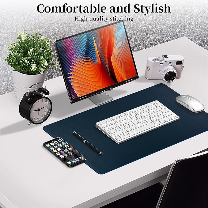 Dark Blue Leather Desk Mat Large Mouse Pad, Waterproof Desk Pad for Keyboard and Mouse, Non-Slip Computer Desk Protector, Smooth Mouse Movement Desk Mat for Home and Office(23.6"×13.8")