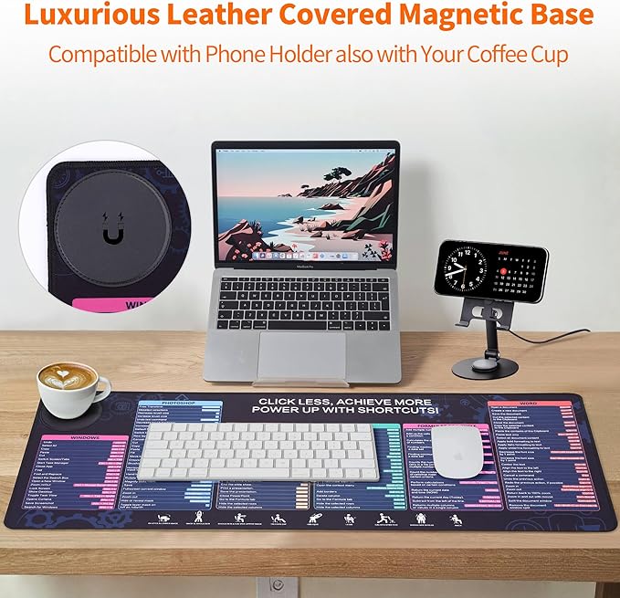 Magnetic Wireless Charging,Excel Cheat Sheet Mouse Pad with Phone Stand Extended Excel Shortcuts Desk Pad, Waterproof Ultra-Smooth Keyboard Mat, Non-Slip Base (Not Included Adapter 9V 2A)