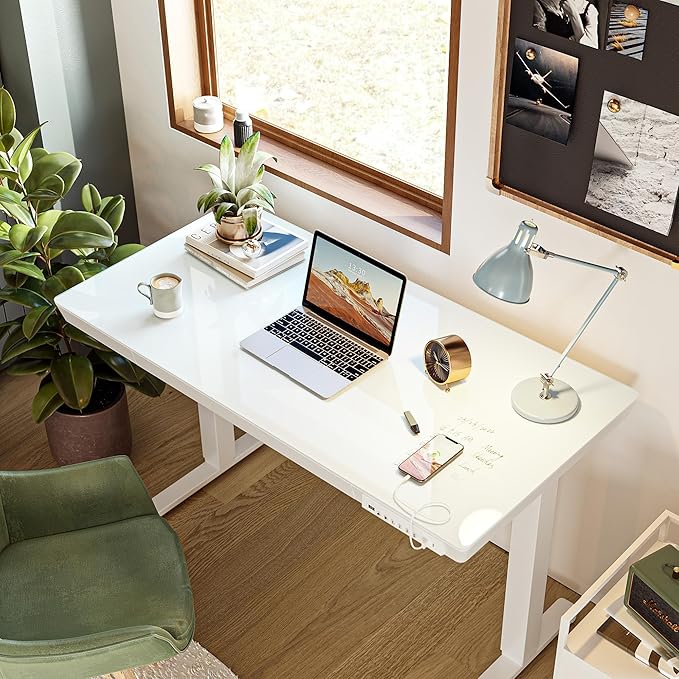 BANTI Electric Standing Desk with Drawers, 48 inch Whole-Piece Glass Desktop, Height Adjustable Stand up Sit Stand Home Office Ergonomic Workstation, White Tabletop