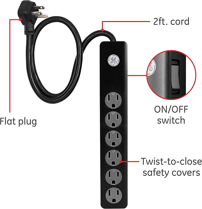 GE 6-Outlet Surge Protector, 2 Pack, 2 Ft Extension Cord, Power Strip, 450 Joules, Heavy Duty Plug, Twist-to-Close Safety Covers, UL Listed, Black, 54626