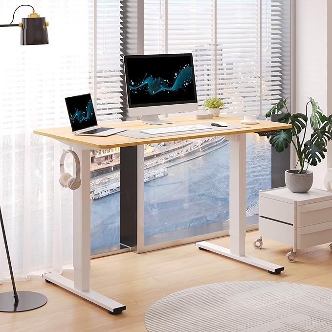 FLEXISPOT Standing Desk, 48" x 24" One-Piece Desktop, Height Adjustable Computer Desk for Home Office, White Frame & Maple Top (One Package)