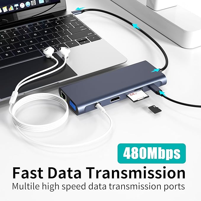 USB C Docking Station Hub (12 -in-1) with 4K 60HZ HDMI, Ethernet, VGA,Audio, USB3.0 TF/SD Dongle Docking Station Compatible for MacBook iPad Pro Dell Hp Lenovo