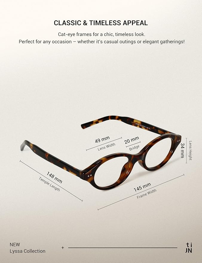 TIJN Lyssa Blue Light Glasses for Women Men,Retro 90s Oval Cat Eye Frame Eyeglasses,Lightweight TR90 Computer Gaming Eyewear