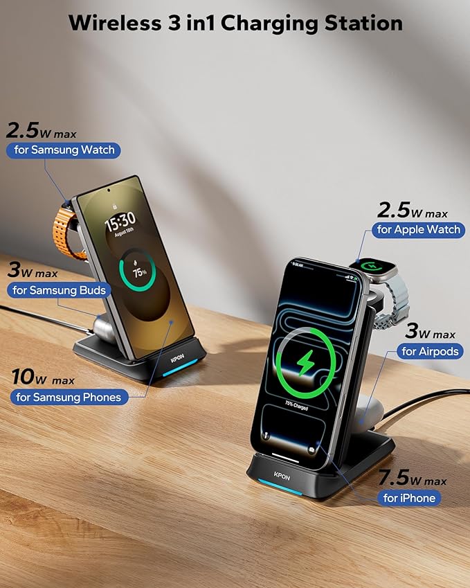 KPON 3 in 1 Charging Station for Samsung, Wireless Charger for Thick Cases, Foldable Phone and Watch Charger Stand for Galaxy S26/S25/S25 Ultra/S24/Z Fold/Android Devices, Galaxy Watch and Earbuds