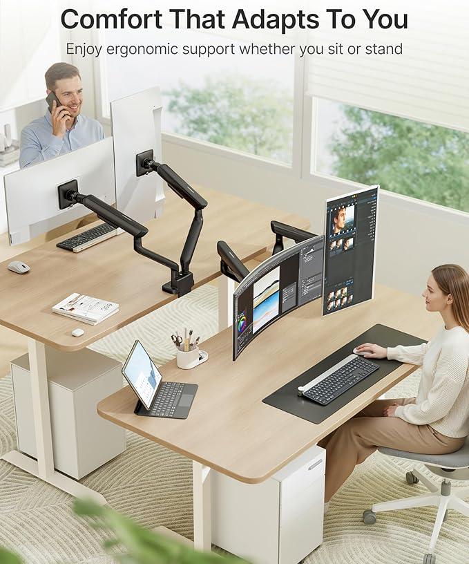 monTEK Dual Monitor Arm, Mechanical Spring Monitor Arm for 17-35" Screens, Adjustable Monitor Desk Mount Each Holds up to 26.4 lbs with C Clamp/Grommet Desk Mount, VESA 75/100mm