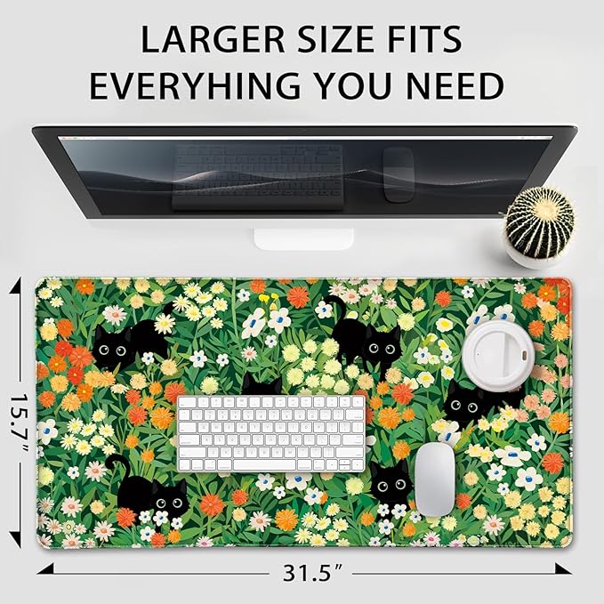 Cute Flower Cat Large Gaming Mouse Pad 31.5"x15.7", Flower XXL Desk Mat, Non-Slip Rubber Base & Stitched Edges Extended Mousepad for PC/Laptop/Office/Home Decor