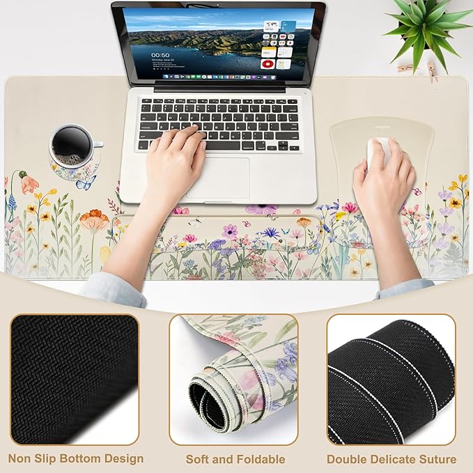 MEGREZ 4-in-1 Ergonomic Memory Foam Wrist Rest Set, Desk Pad, Mouse Pad with Wrist Rest, Keyboard Pad, Suitable for Office Workers, Programmers & Gamers–Relieve Typing & Gaming Fatigue, Light Beige