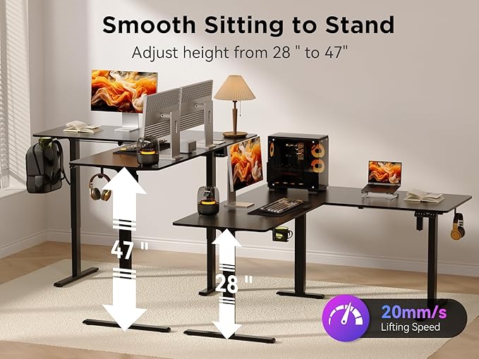 75x61 Inches Reversible L Shaped Standing Desk Height Adjustable with Cup Holder, Electric Corner Computer Workstation for Home Office, Ergonomic Sit Stand up Gaming Desk, Black
