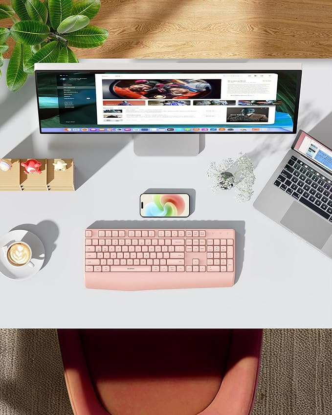 seenda Bluetooth Wireless Keyboard, Wireless Ergonomic Keyboard with Wrist Rest, Multi-Device Bluetooth Keyboard with Number Pad, Full-Size Keyboard for Computer/Laptop/Mac/MacBook, Pink
