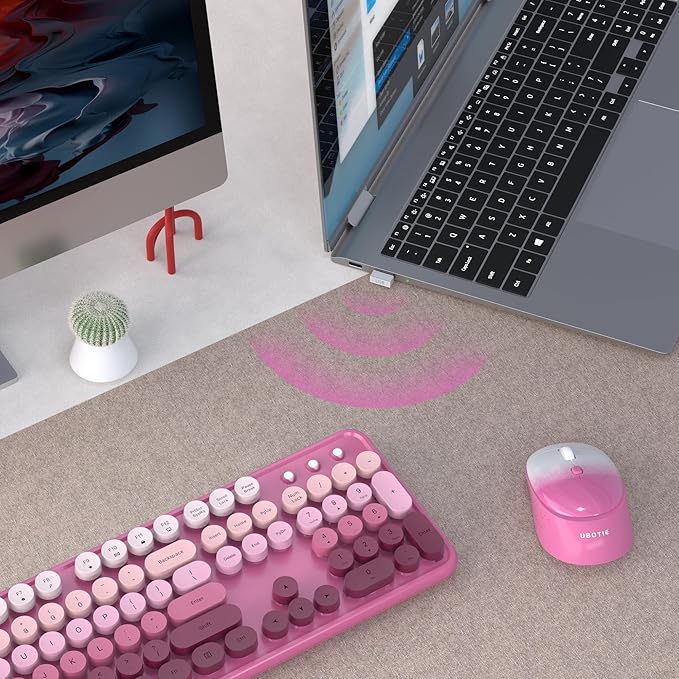 UBOTIE Colorful Computer Wireless Keyboards Mouse Combos, Typewriter Flexible Keys Office Full-Sized Keyboard, 2.4GHz Dropout-Free Connection and Optical Mouse (Rosy Gradient)