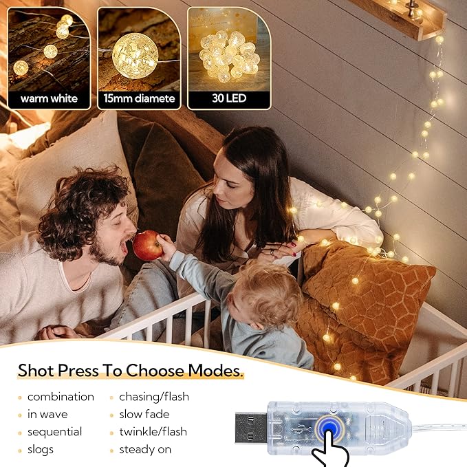 Globe String Lights,10FT 30 LED Decorative Christmas Lights,8 Modes Crystal Crackle Ball Lights,USB Twinkle Fairy Lights for Bedroom,Indoor,Outdoor,Classroom,Wedding,Party,Garden,Warm White