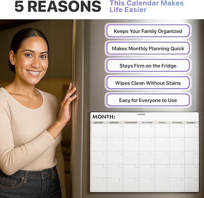 Monthly Magnetic Dry Erase Calendar for Refrigerator – Monday Start Calendar Magnet 17 x 12” | Whiteboard Calendar for Fridge | Include 5 Markers & Eraser - Freedom Mastery