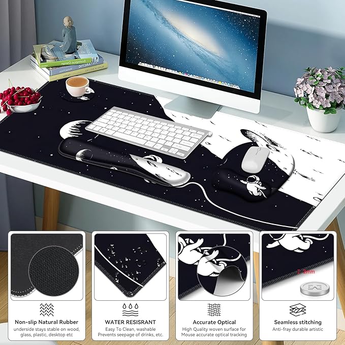 Large Mouse Pad, Keyboard Wrist Rest Set, Ergonomic, Non-slip, Washable, Wrist Support, Waterproof, 35.4 x 16 inches, Space Astronaut