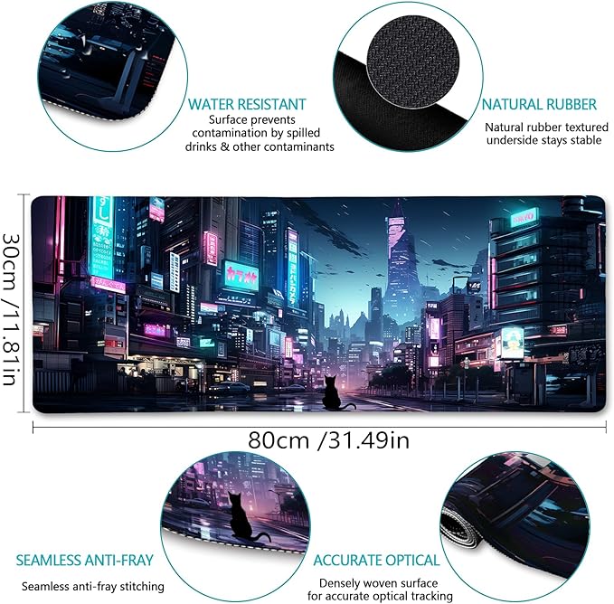 Cyberpunk Mouse Pad, Japanese Anime Cat Desk Mat, Neon Tokyo Extended Gaming Mouse Pads for Desktop Computer Laptop Office Work Game Home, 31.5x11.8 in