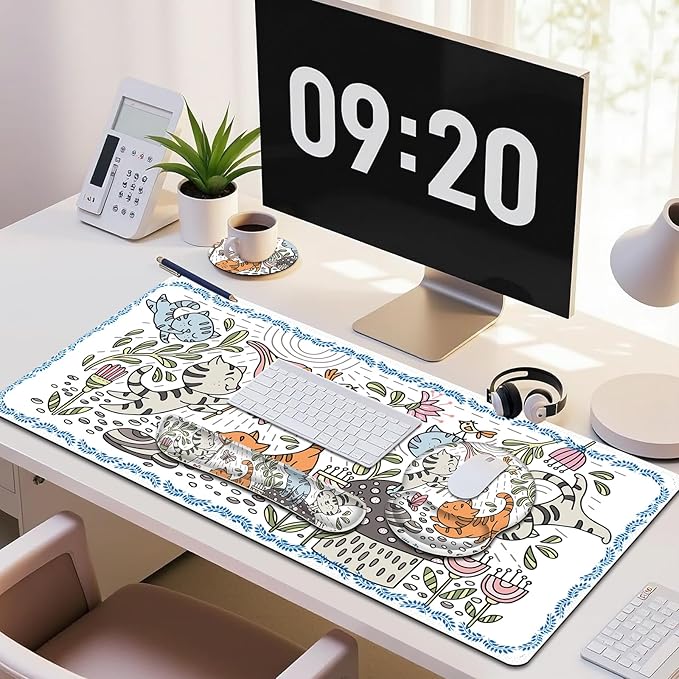 Cute Desk Mat, 4in1 Large Mouse Pad with Wrist Rest, Desk Matt for Desktop, Desk Pad Mat, Anti-Slip XXL Computer Ergonomic Mousepad with Wrist Support for Keyboard and Mouse I Funny Cat Animals