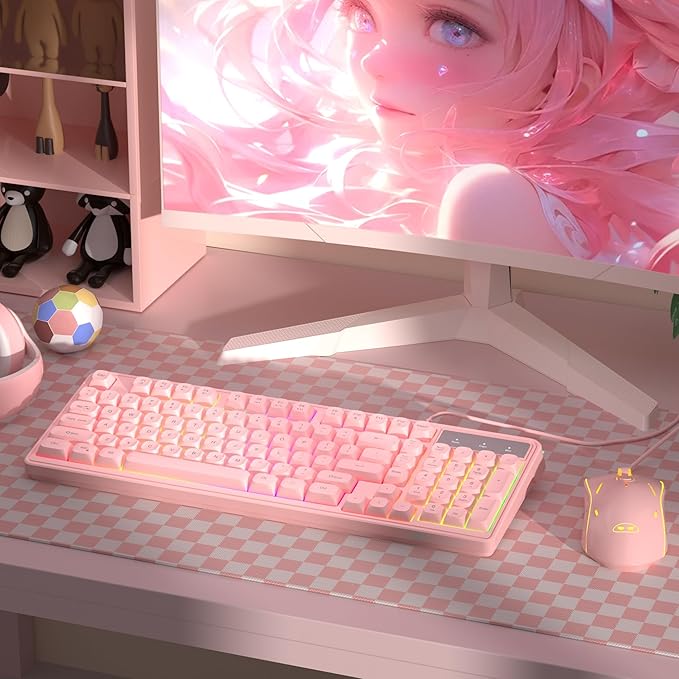 Camiysn Wire Gaming Keyboard, 7 Colorful Rainbow Backlight Classic Gaming Keyboard (Pink-Set)