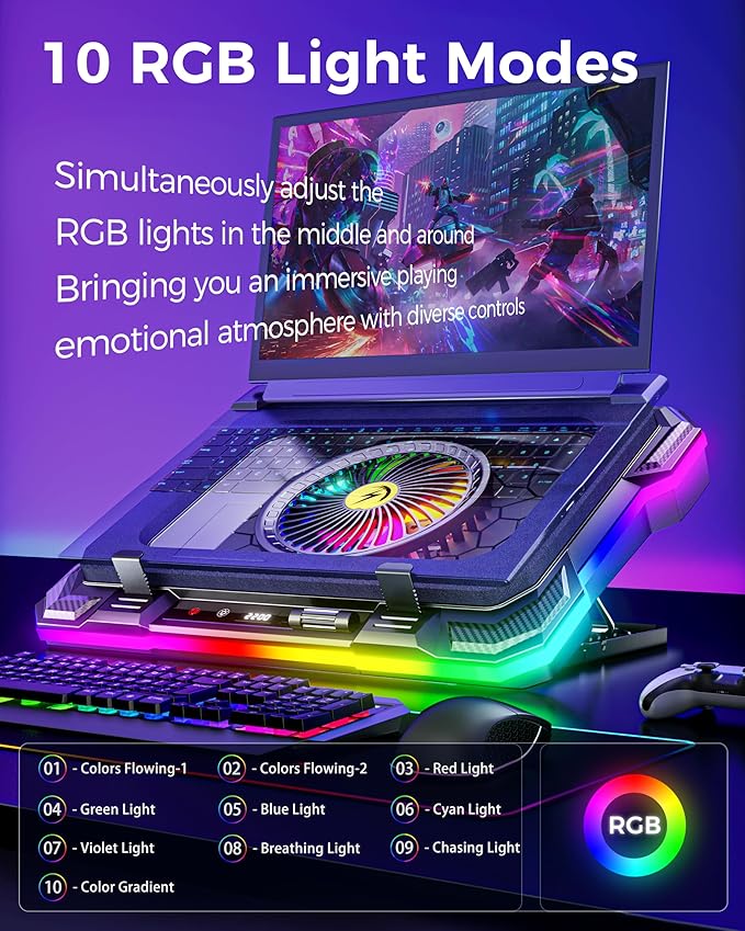 AICHESON Gaming Laptop Cooling Pad with Full RGB Lights, Powerful Cooler Fan Stand for 15-19 inch Gamer Laptops and PC Computers