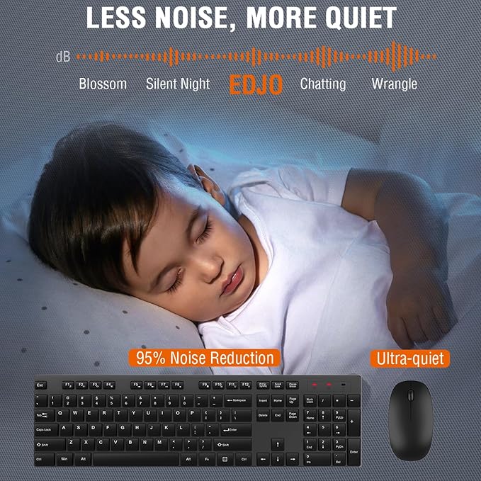 Wireless Keyboard and Mouse Combo, EDJO Silent Full Size Cordless USB Keyboard Mouse, 2.4GHz Lag-Free, Long Battery Life, for Computer, Laptop, PC, Chromebook, Windows (Black, 2 Pack)