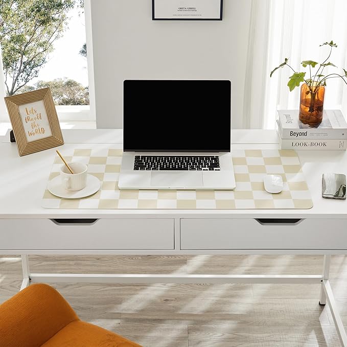 Checkered Desk Mat, 31.5" x 15.7" Large Cute Beige Sand Aesthetic Retro Accessories, PU Leather Computer Laptop Desk Mat Mouse Keyboard Pad, Desk Writing Makeup Mat for Vanity/Work/Home Decor