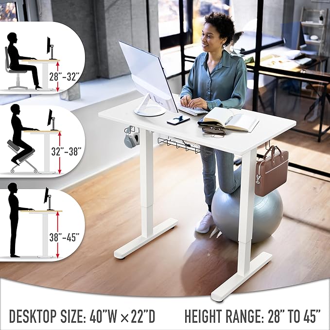 SHW 40 x 22 Inches Electric Height Adjustable Sit to Stand Desk with Hanging Hooks and Cable Management, White Frame and White Top