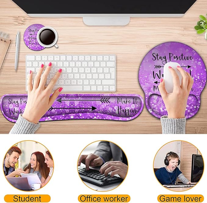 Keyboard Wrist Rest and Mouse Pad with Wrist Support, Ergonomic Mouse Pad Coaster,Easy Typing Pain Relief,Keyboard Mousepad Set,Stay Positive Work Hard and Make It Happen Purple Glitter