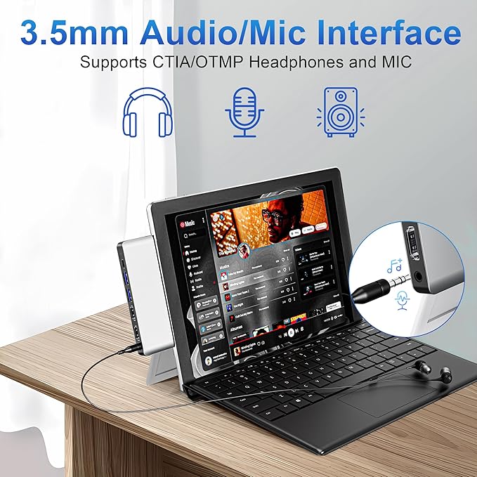 Surface Pro 9/10/11/X Docking Station, Quad Display Surface pro 11 USB Hub with Dual 4K@60Hz HDMI, USB-C (4K@60Hz Video+40Gbps Data+100W Charge), 2 USB3.0, SD/TF, 3.5mm Mic for Surface Pro 11/10/9/X