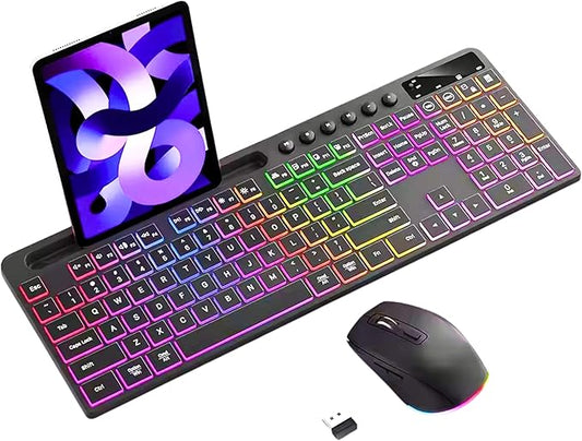 Wireless Keyboard and Mouse Combo, 2.4Ghz Rechargeable, 114-Key Full Size Keyboard with RGB Backlight, Phone Tablet Holder, Silent Ergonomic Keyboard & Mouse for Home, Office, Gaming