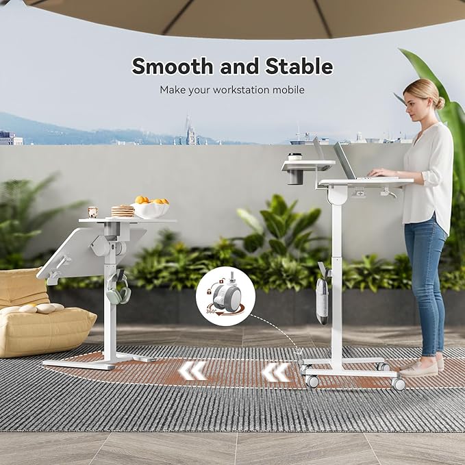 24Inch Rolling Standing Desk On Wheels， Mobile Laptop Stand with Tiltable Desktop， Smaller Computer Workstation Adjustable Height， 2-Tier Portable Study Table with Storage Shelves， White