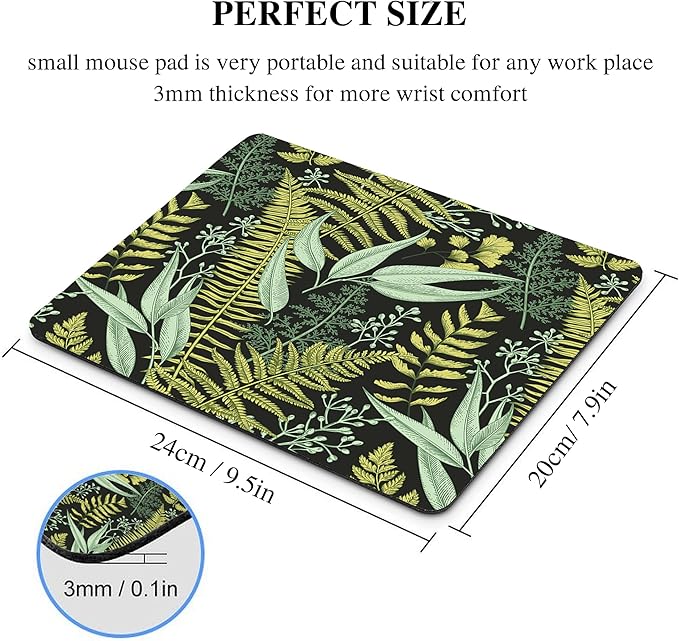 Green Leaf Mouse Pad Cute, Vintage Floral Botanical Plant Rectangular Mousepad Black Aesthetic Nature Herb Office Small Forest Portable Desk Pad Non-Slip Mouse Mat Washable Desk Decor Accessories