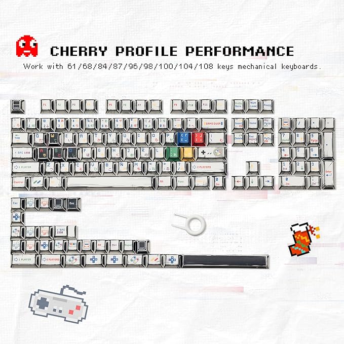 Retro Anime PBT Keycaps-Cherry Keycaps, Custom Keyboard Key caps 60 65 75 100 Percent, 5 Side Dye Sublimation 141 Keys Set for Cherry Gateron MX Switches Keyboards, White (Classic Game Theme)