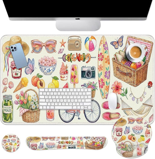 Arttown Tropical Fruit Desk Mat Floral Colorful Mouse Pad Set 4 in 1 Ergonomic Design Large Mouse Pad + Keyboard Wrist Rest + Mouse Wrist Rest + Coaster Suitable for Home Office Study Game
