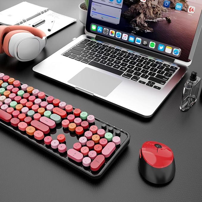 Wireless Keyboard and Mouse Combo, Ergonomic Full Size Typewriter Retro Round Keycaps Keyboard, Compatible with Windows, PC, Perfer for Home and Office Keyboards (Red