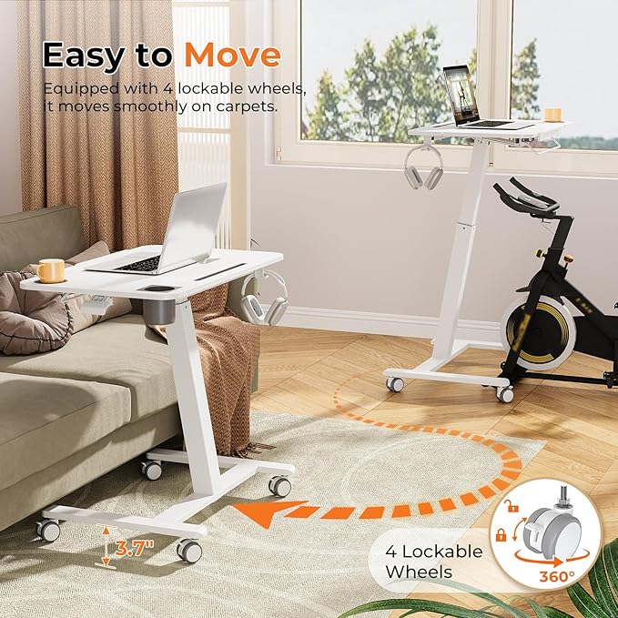 JOY worker Tiltable Treadmill Walking Pad Desk, 31.5" Small Pneumatic Height Adjustable Standing Desk with Cup Holder & Towel Rack, Mobile Bike Trainer/Cycling Stand for Home Office Fitness, White