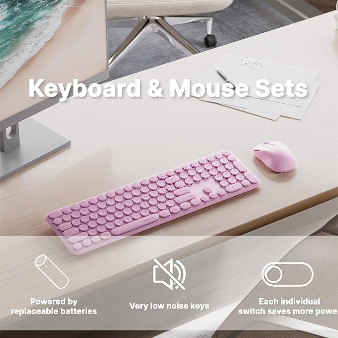 x UBOTIE Wireless Keyboard and Mouse Combo with 110 Round Keycaps, Power Switch, and Scissor-Switch Typing Feel – Ideal for Office Use(Pink)