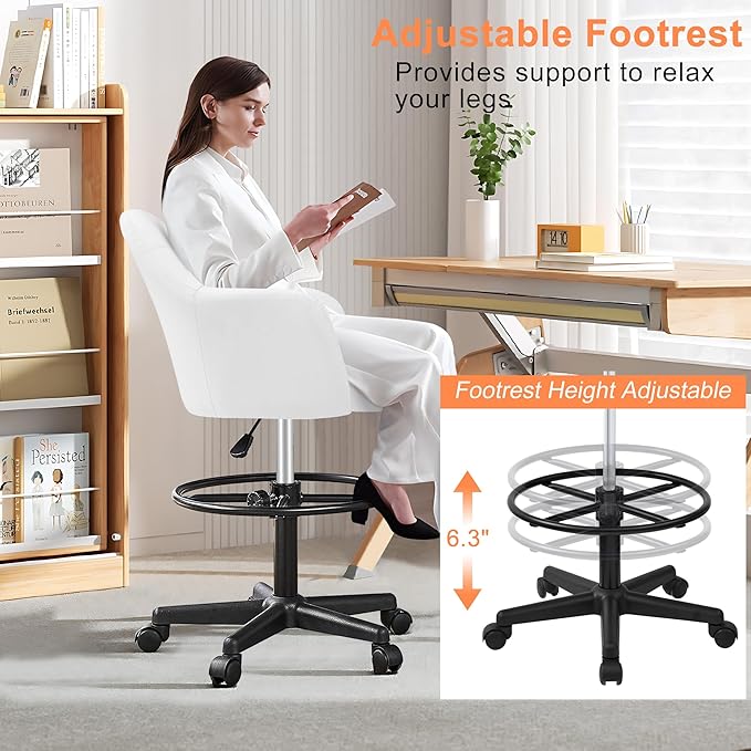 VECELO Drafting Chair with Height-Adjustable, Lumbar Support and Footrest, for Standing Desk Bedroom Vanity Office Living Computer Room, White
