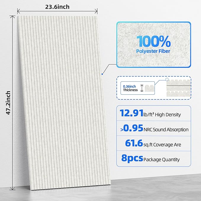 8 Pack Large Acoustic Panels Sound Absorbing with Self-Adhesive, 47.2”*23.6”*0.36” High Density Sound Proof Foam Panels for Walls, 3D Vertical Soundproof Wall Panels for Home Studio Office Decor-Ivory