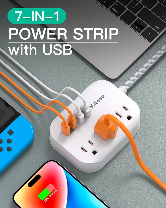 Dorm Room Essentials - 15Ft Power Strip with USB Ports, Flat Extension Cord with Multiple Outlets, Desk Accessories USB Charging Station, Non Surge Protector for Cruise Ship, Travel