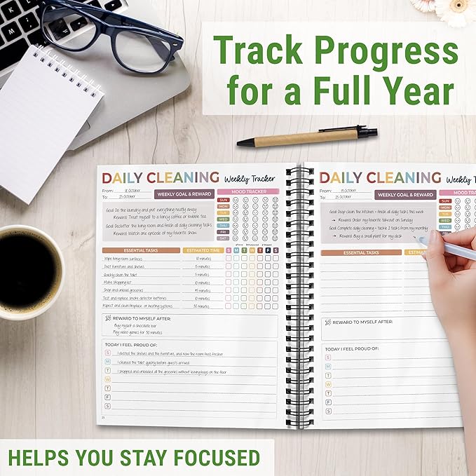 ADHD Cleaning Planner - Cleaning Schedule and Checklist Organizer for Adults and Teens - Daily, Weekly & Monthly Household Cleaning Checklist for ADHD Minds - Stress-Free Housework