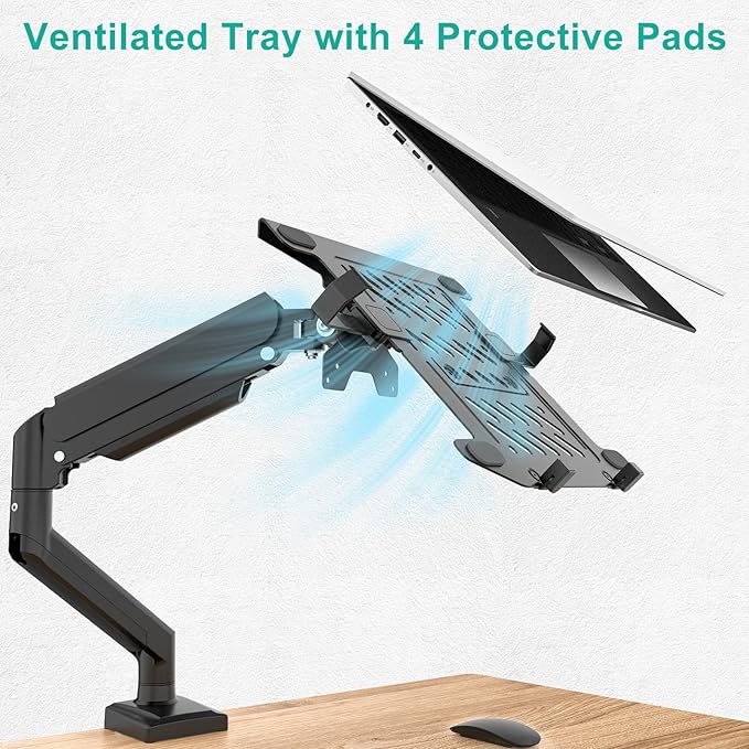 WALI Single Arm Laptop and Monitor Desk Mount for 17" Notebook and Single Screen, 2-in-1 Adjustable Gas Spring Monitor Arm with Laptop Tray, VESA 75x75 100x100,Holds 22-26.4 lbs, Black (GSMP001NLP)