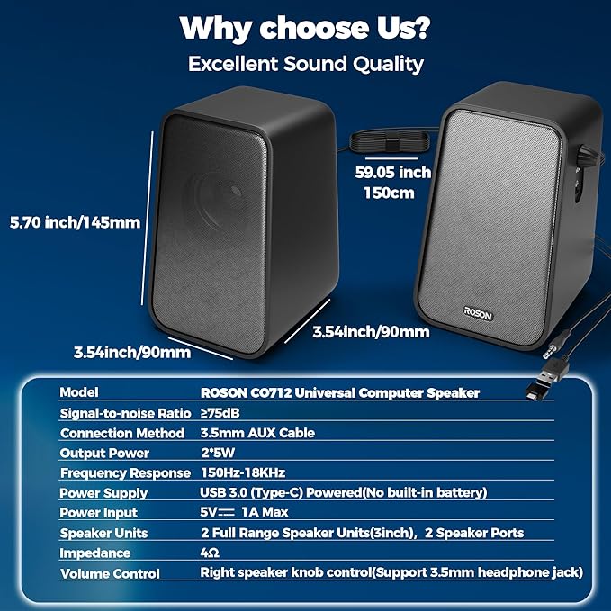 ROSON Computer Speaker, Compact Size Speaker with Headphone Jack, Enhanced Bass and Volume Control, Stereo 2.0 USB Powered 3.5mm Aux Multimedia Speakers for Laptop/Desktop/Tablets/Phone